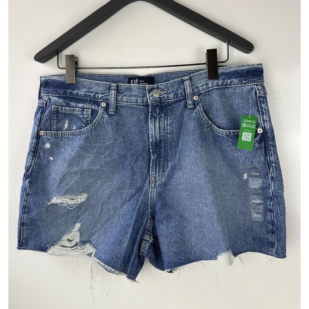 NWT GAP High Rise Destructed Stride Shorts Blue Denim Jean Distressed Size 16 33 - Picture 2 of 10